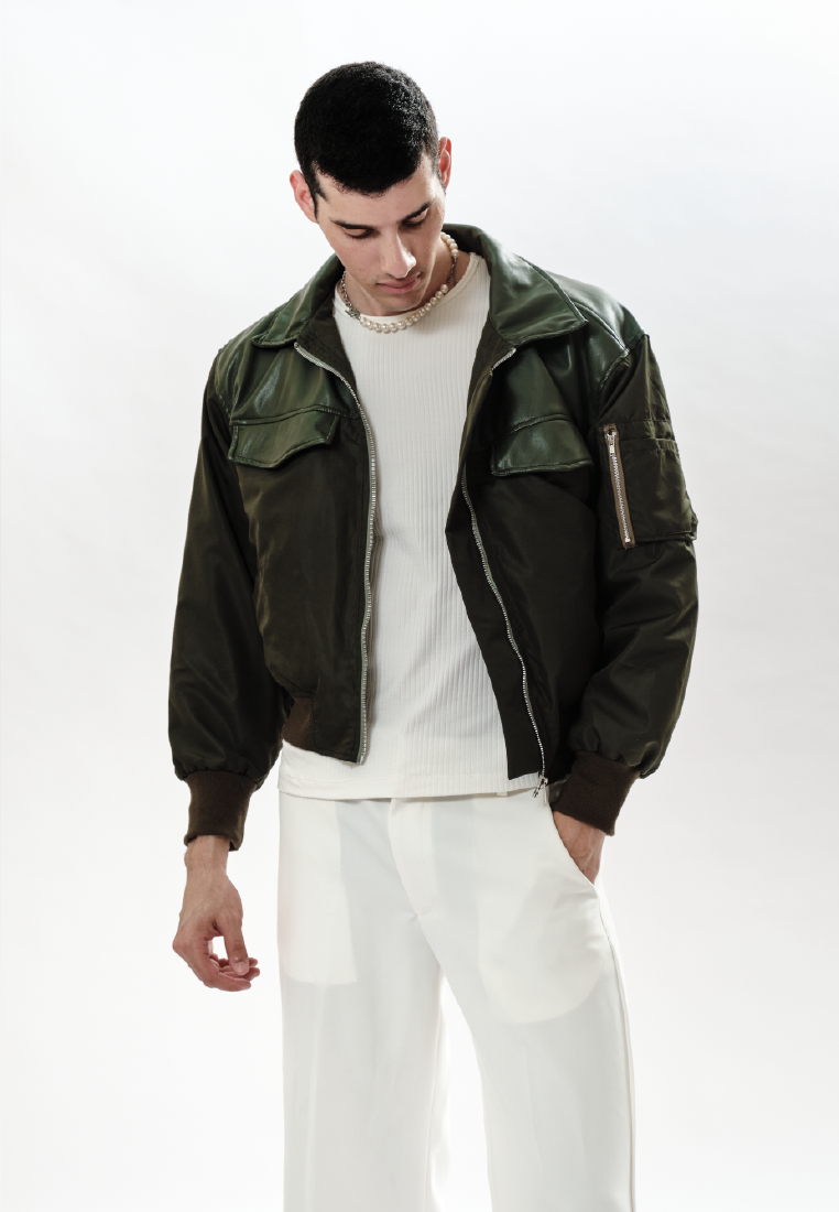 OCWA JAKE MIXED LEATHER NYLON ARMY BOMBER JACKET