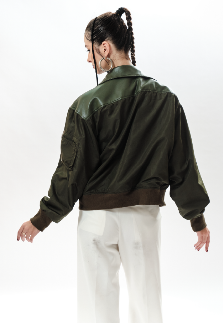 OCWA JAKE MIXED LEATHER NYLON ARMY BOMBER JACKET