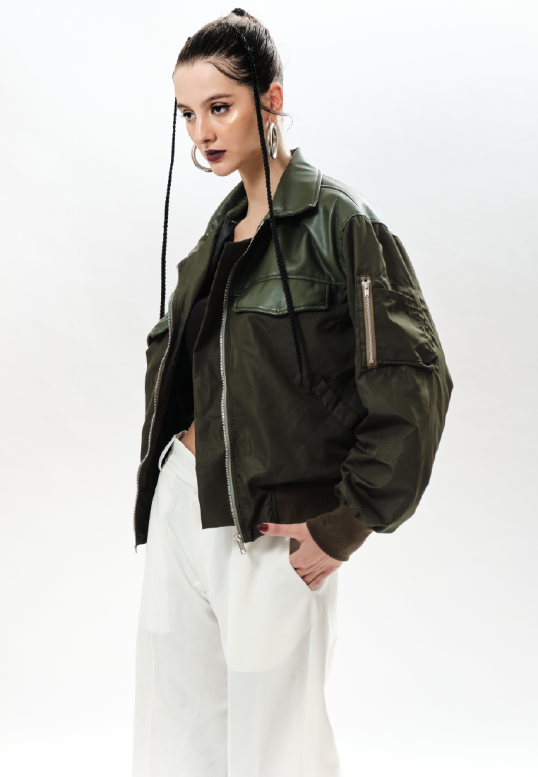 OCWA JAKE MIXED LEATHER NYLON ARMY BOMBER JACKET