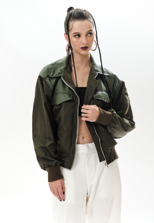 OCWA JAKE MIXED LEATHER NYLON ARMY BOMBER JACKET