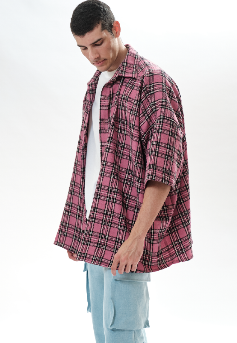 OCWA KIM Y2K OVERSIZED TARTAN PLAID SHIRT PINK WHITE MULTI MEN