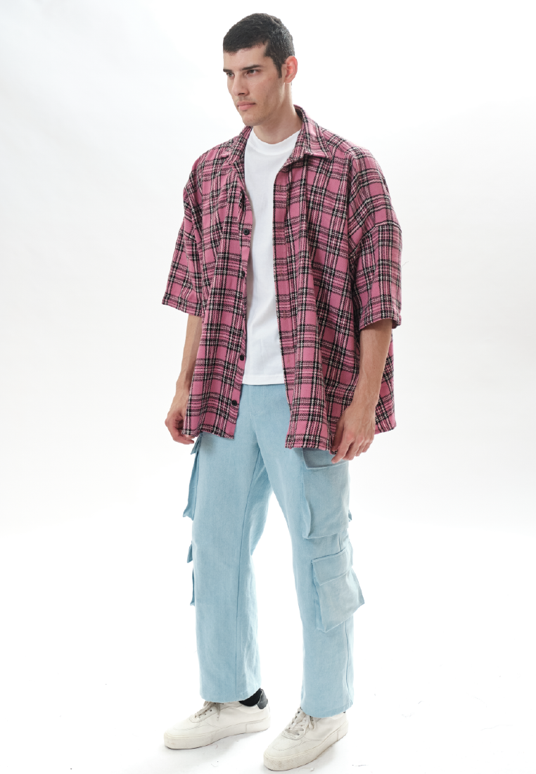 OCWA KIM Y2K OVERSIZED TARTAN PLAID SHIRT PINK WHITE MULTI MEN