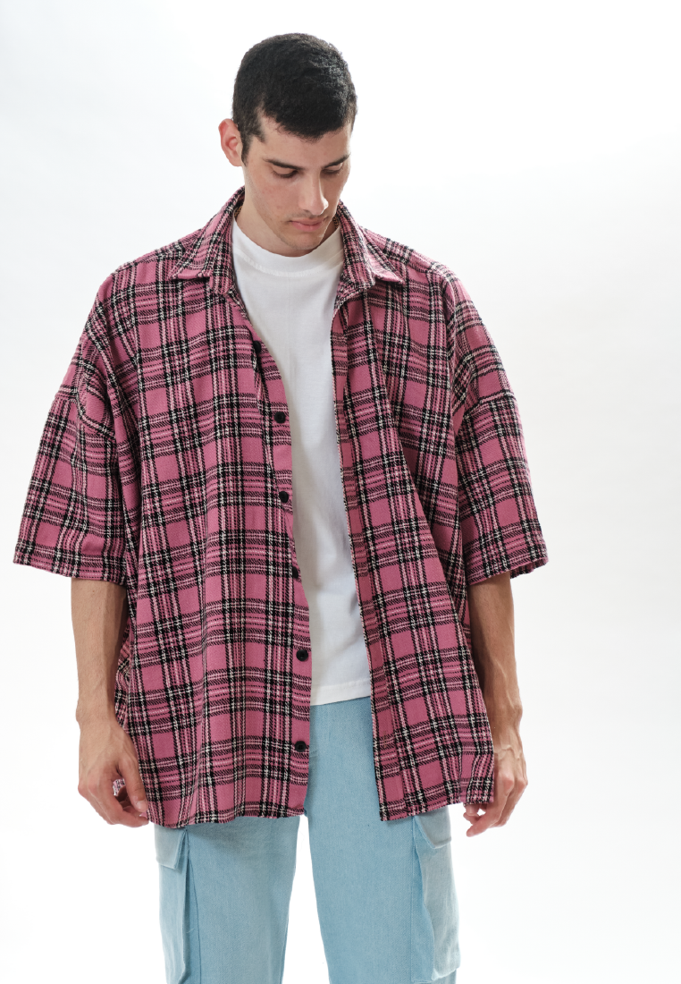 OCWA KIM Y2K OVERSIZED TARTAN PLAID SHIRT PINK WHITE MULTI MEN