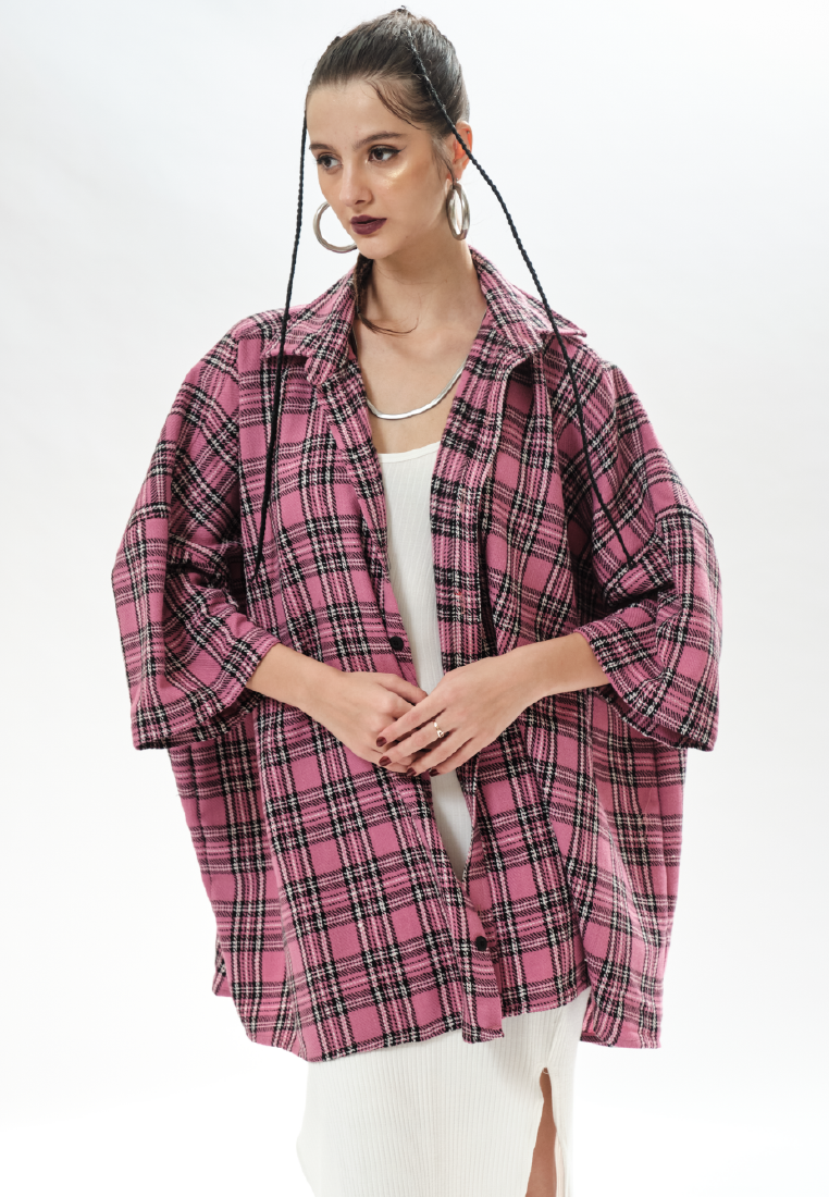 OCWA KIM Y2K OVERSIZED TARTAN PLAID SHIRT PINK WHITE MULTI