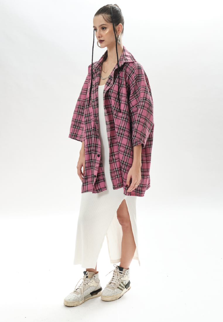 OCWA KIM Y2K OVERSIZED TARTAN PLAID SHIRT PINK WHITE MULTI