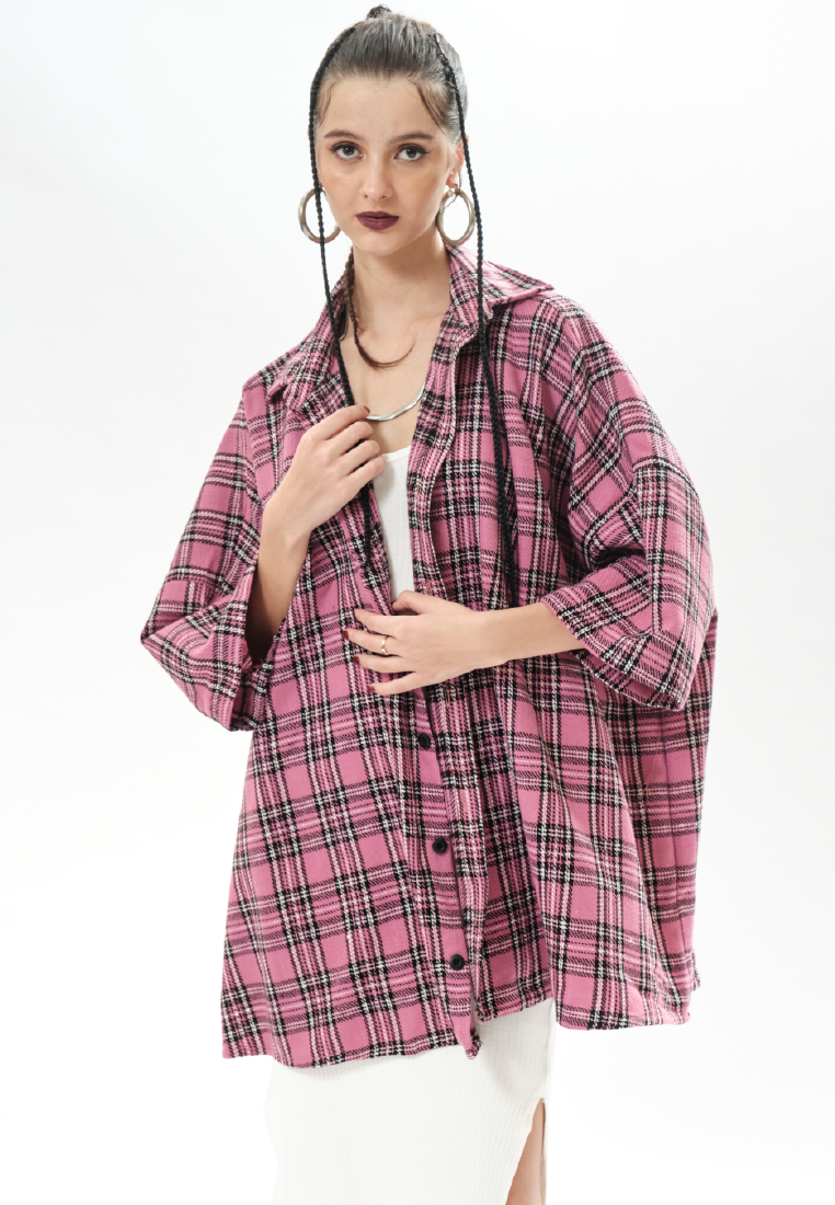 OCWA KIM Y2K OVERSIZED TARTAN PLAID SHIRT PINK WHITE MULTI