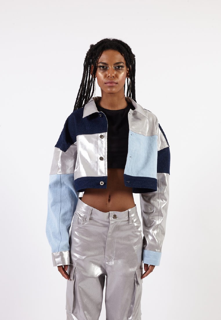 OCWA LEAH BLUE NAVY SILVER CROP DENIM JACKET