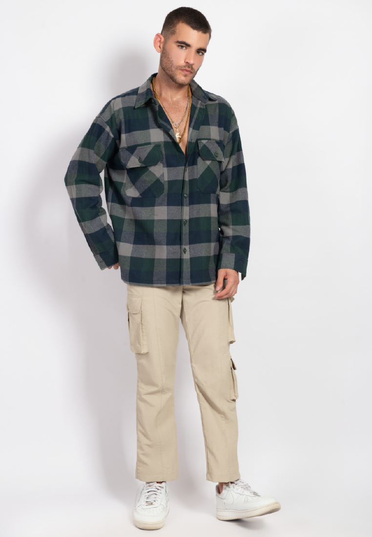 OCWA LUIGI OVERSIZED PLAID SHIRT GREEN GREY BLUE