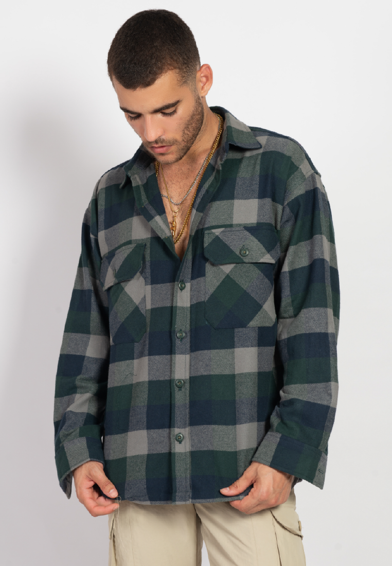 OCWA LUIGI OVERSIZED PLAID SHIRT GREEN GREY BLUE