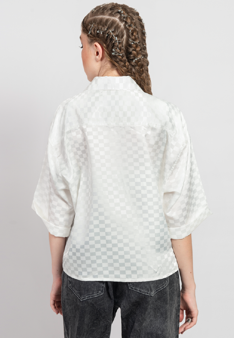 OCWA MARK OVERSIZED CROP SATIN CHECKERED SHIRT WHITE WOMAN