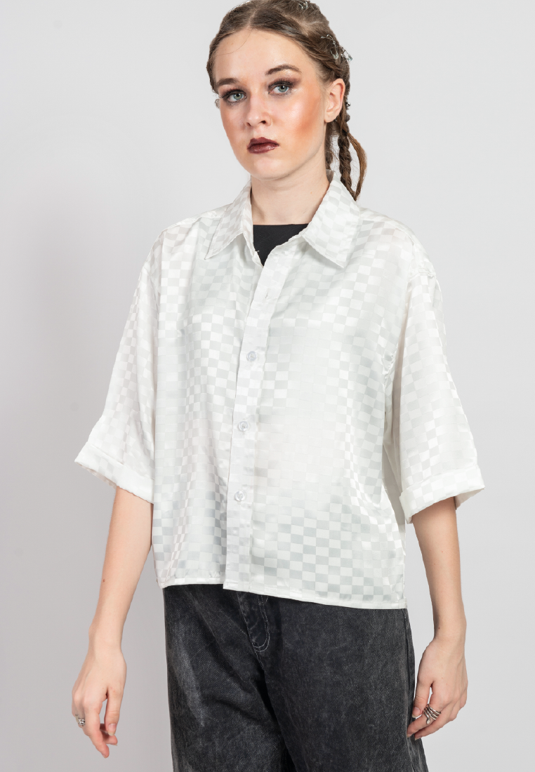 OCWA MARK OVERSIZED CROP SATIN CHECKERED SHIRT WHITE WOMAN