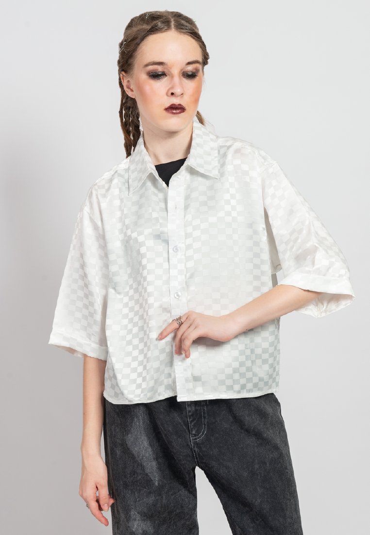 OCWA MARK OVERSIZED CROP SATIN CHECKERED SHIRT WHITE WOMAN