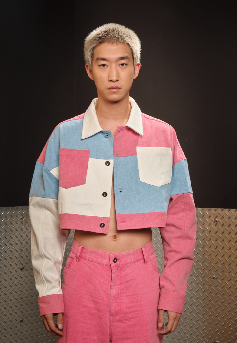 OCWA X POLKA PARTY UP PINK BLUE WHITE CROP DENIM JACKET