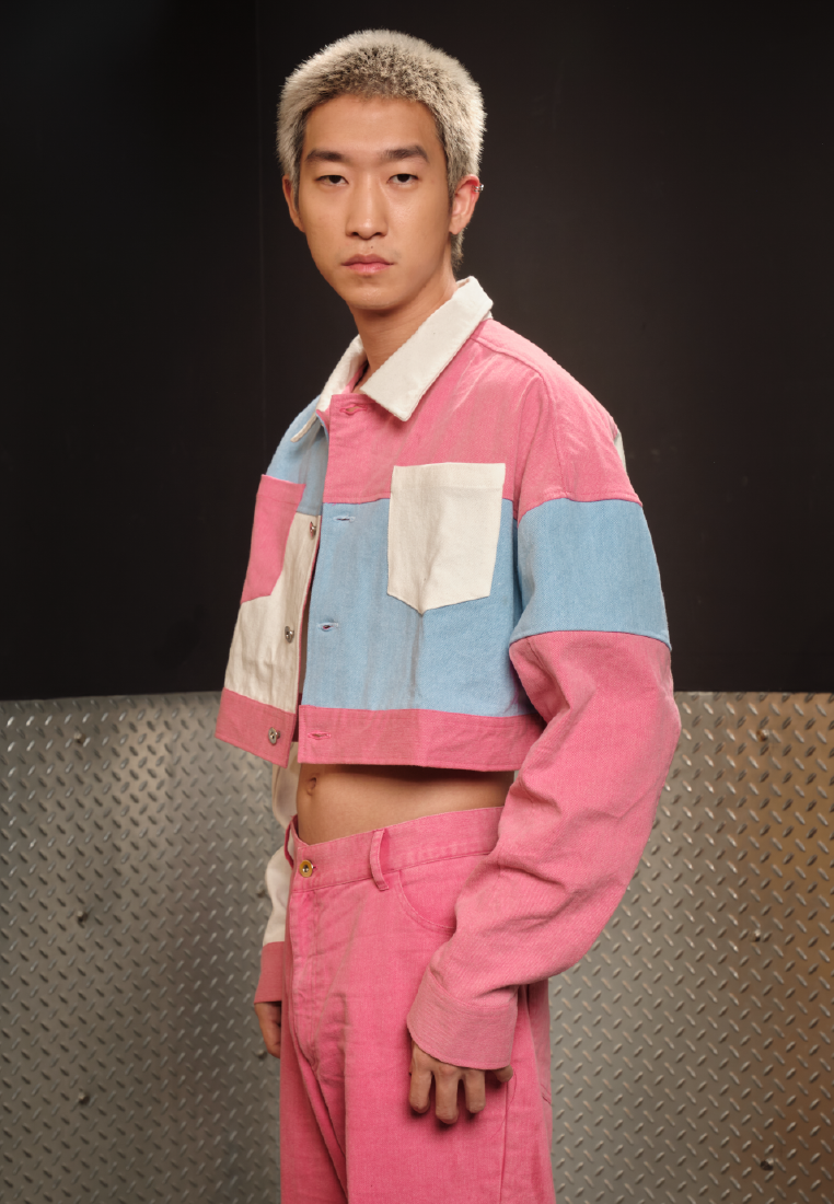 OCWA X POLKA PARTY UP PINK BLUE WHITE CROP DENIM JACKET