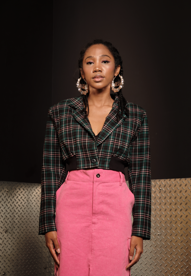 OCWA X POLKA TARTAN CROP BLAZER GREEN PINK BLACK