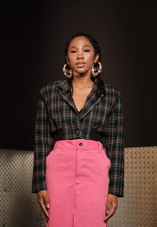 OCWA X POLKA TARTAN CROP BLAZER GREEN PINK BLACK