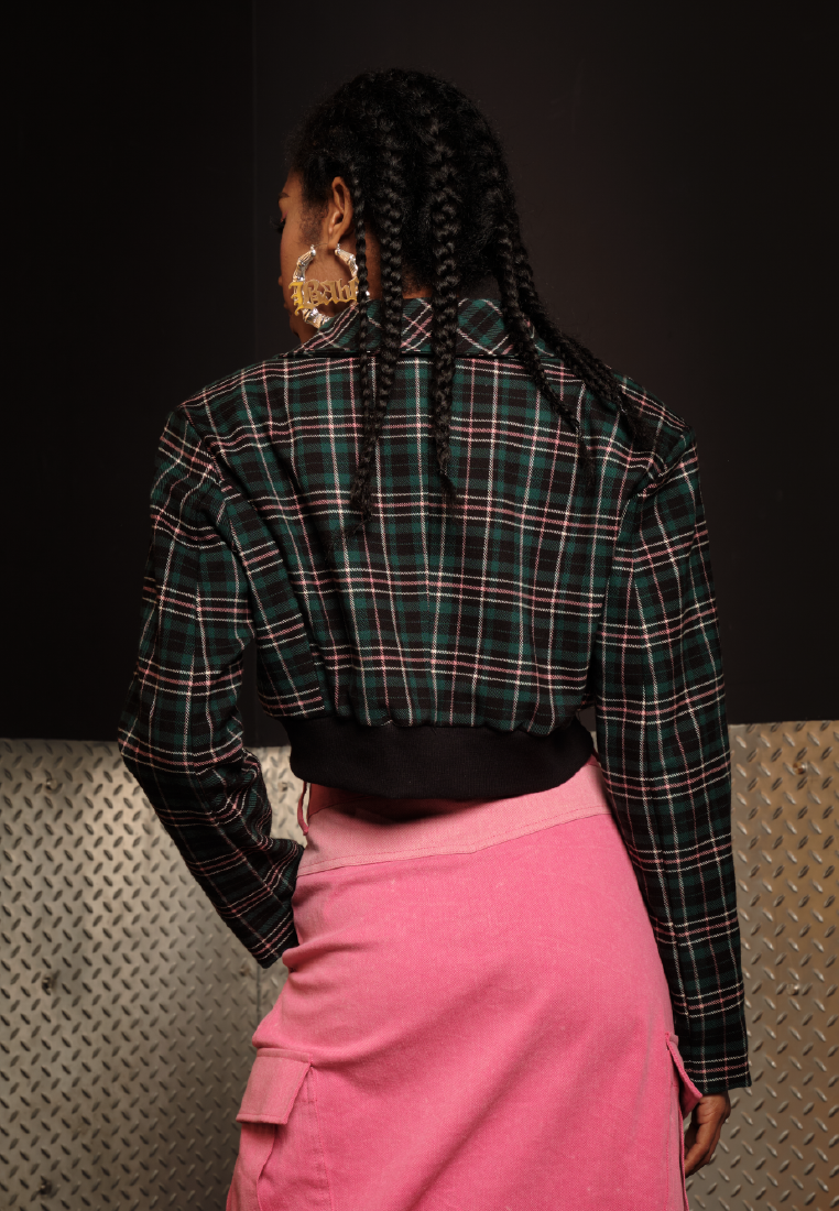 OCWA X POLKA TARTAN CROP BLAZER GREEN PINK BLACK