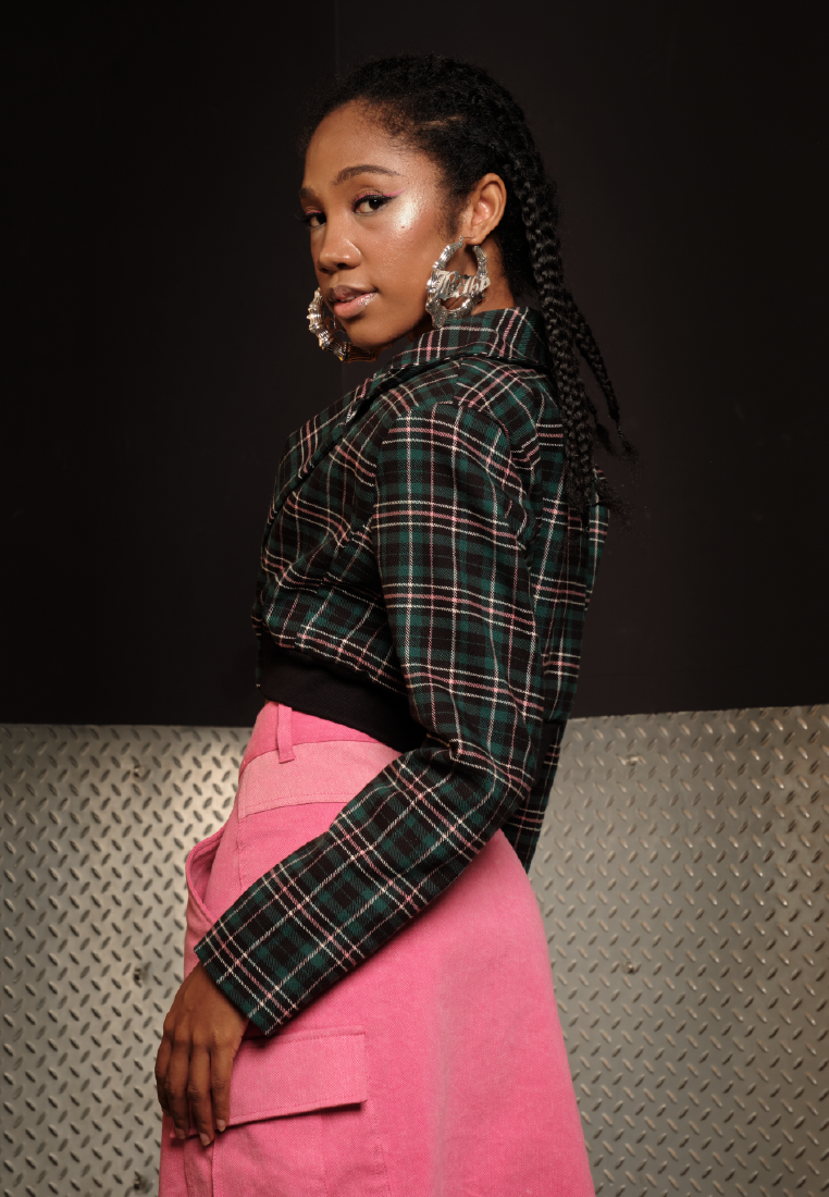 OCWA X POLKA TARTAN CROP BLAZER GREEN PINK BLACK