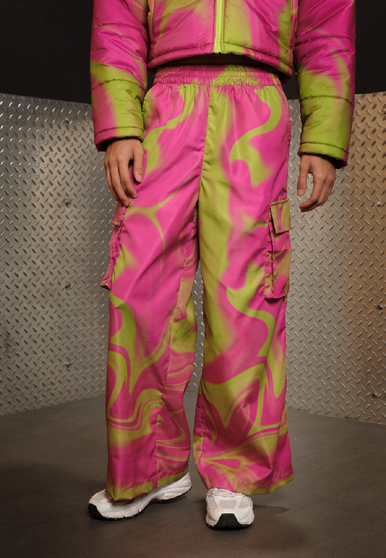 OCWA X POLKA Y2K WHIMSICAL NEON PINK SILVER CARGO PANTS