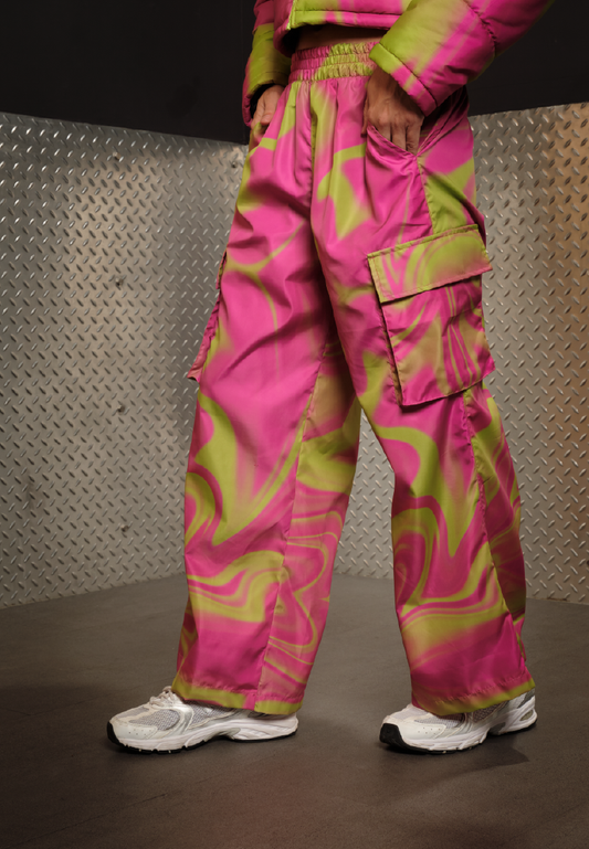 OCWA X POLKA Y2K WHIMSICAL NEON PINK SILVER CARGO PANTS