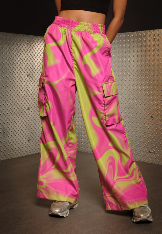 OCWA X POLKA Y2K WHIMSICAL NEON PINK SILVER CARGO PANTS