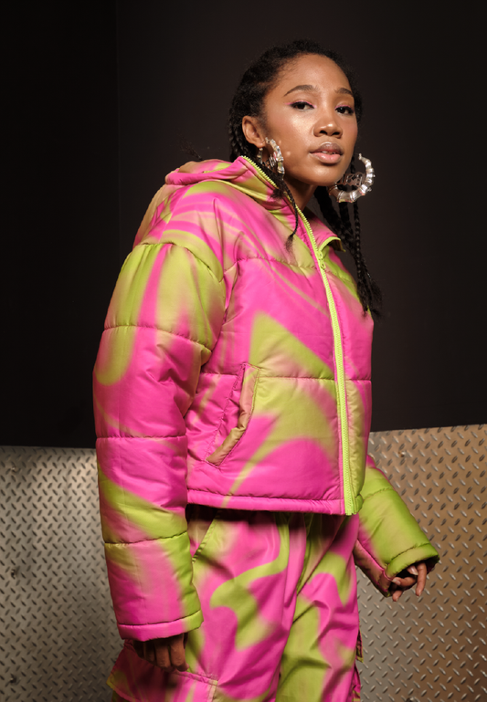 OCWA X POLKA Y2K WHIMSICAL NEON PINK WATER PROOF PUFFER JACKET