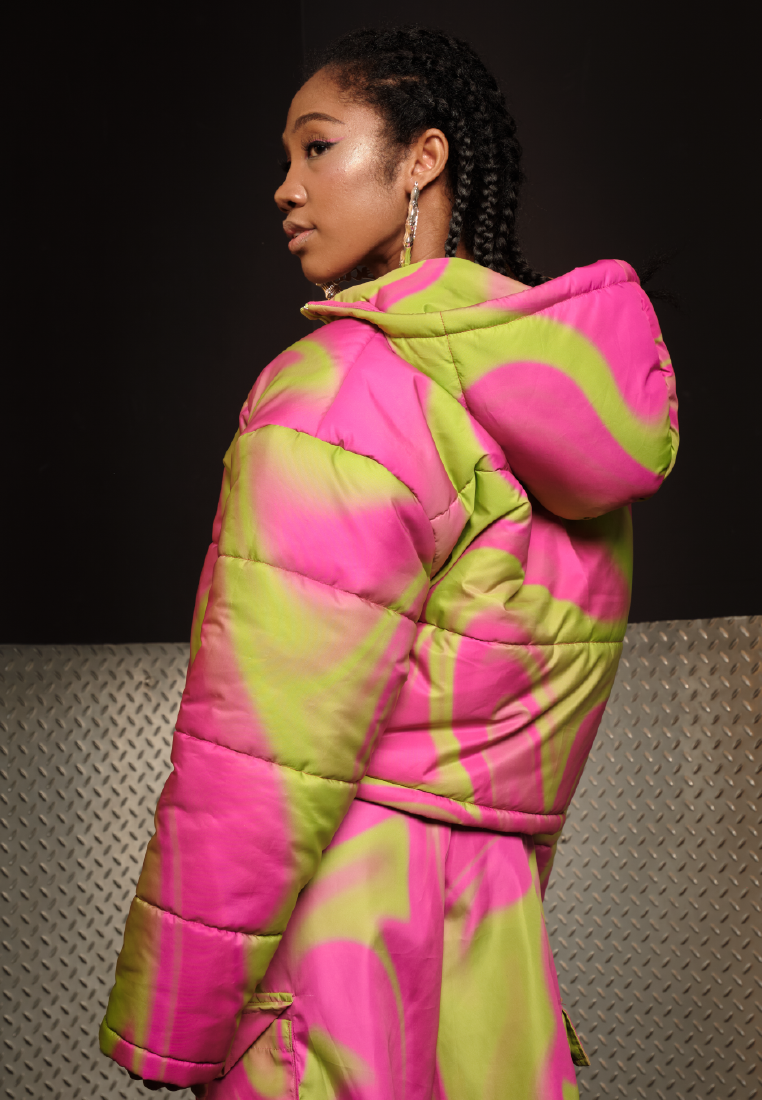 OCWA X POLKA Y2K WHIMSICAL NEON PINK WATER PROOF PUFFER JACKET