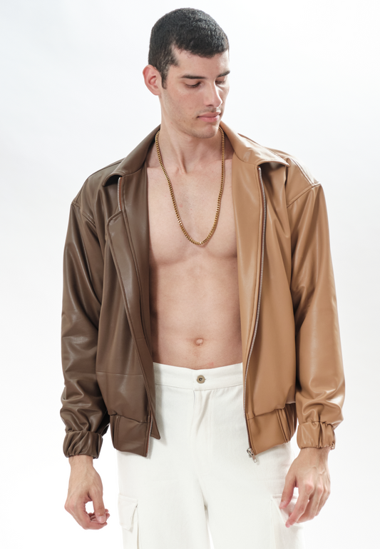 OCWA RENATO TWO TONE BROWN CARAMEL BOMBER LEATHER JACKET