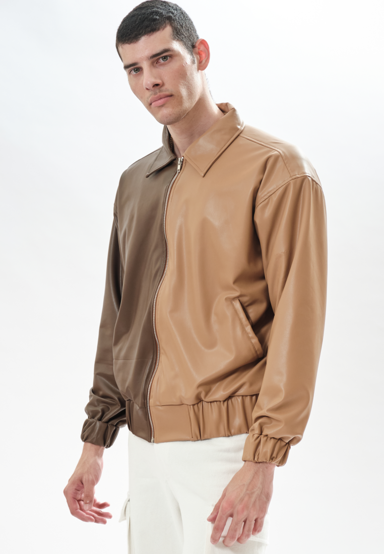 OCWA RENATO TWO TONE BROWN CARAMEL BOMBER LEATHER JACKET