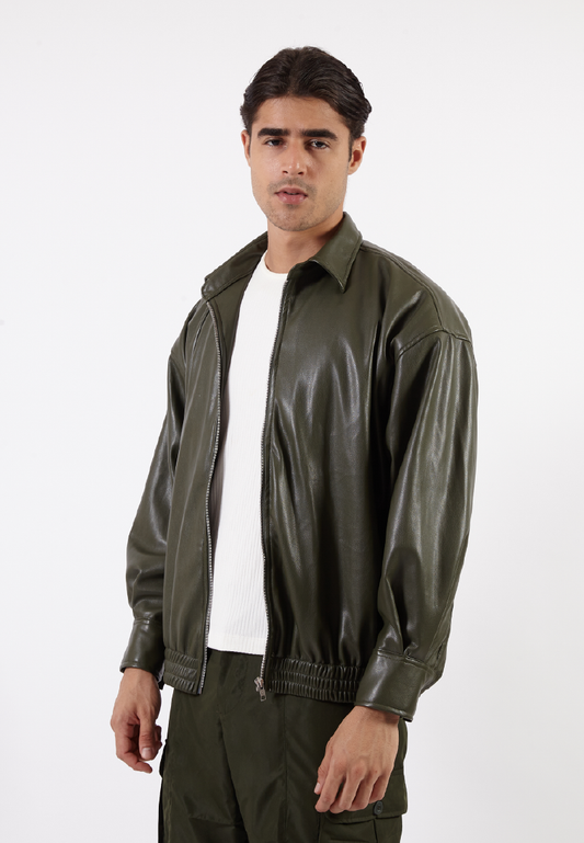 OCWA ROLAND OVERSIZED LEATHER SHIRT ARMY GREEN JACKET