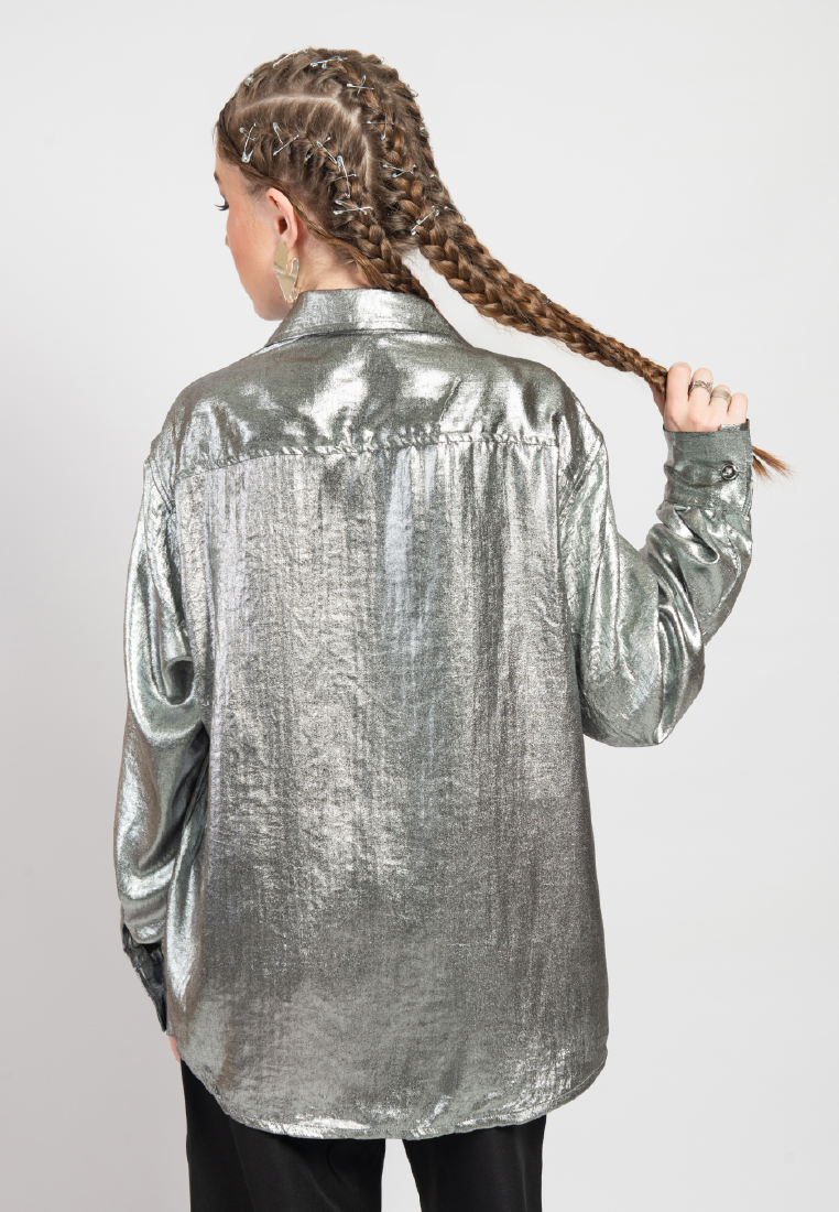 OCWA REINA SILVER METALLIC SHINY GLAM SHIRT WOMAN