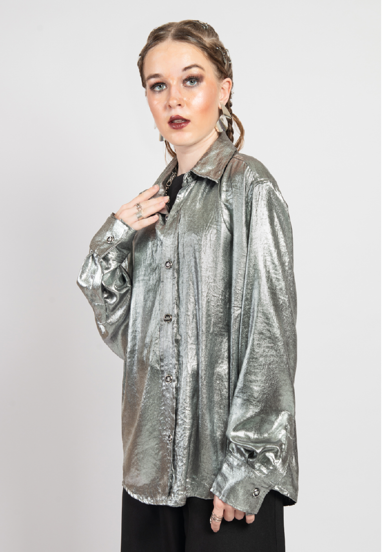 OCWA REINA SILVER METALLIC SHINY GLAM SHIRT WOMAN