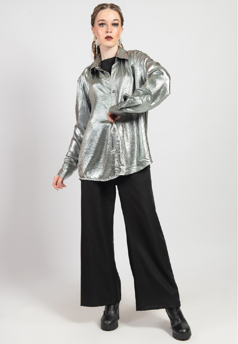 OCWA REINA SILVER METALLIC SHINY GLAM SHIRT WOMAN