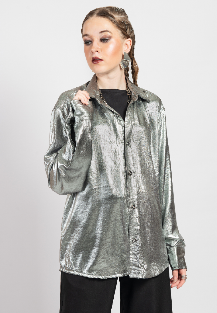 OCWA REINA SILVER METALLIC SHINY GLAM SHIRT WOMAN