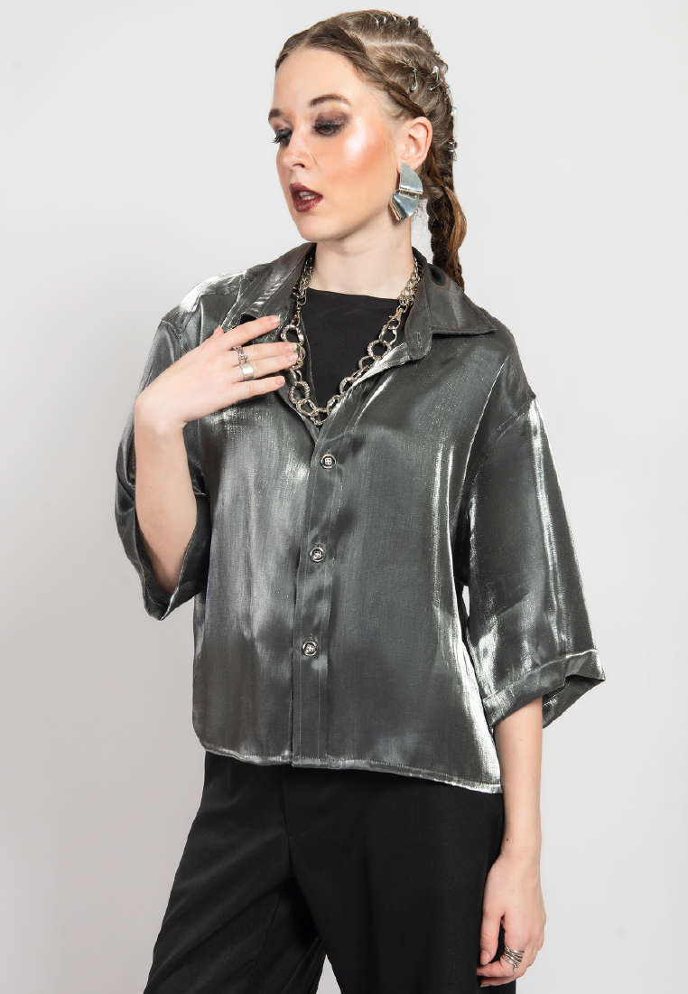 OCWA RILEY OVERSIZED CROP SHORT SLEEVE CHROME SILVER SHIRT WOMAN