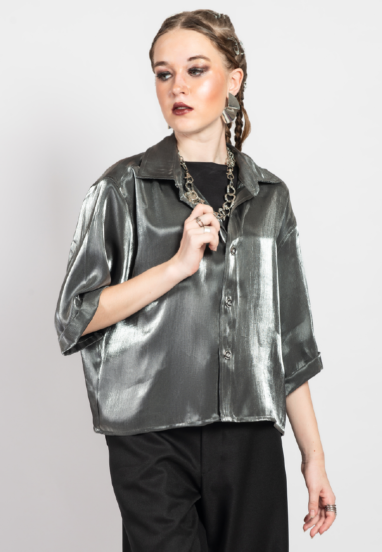 OCWA RILEY OVERSIZED CROP SHORT SLEEVE CHROME SILVER SHIRT WOMAN