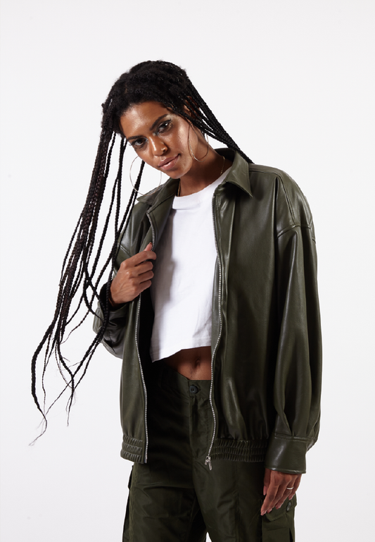 OCWA ROLAND OVERSIZED LEATHER SHIRT ARMY GREEN JACKET