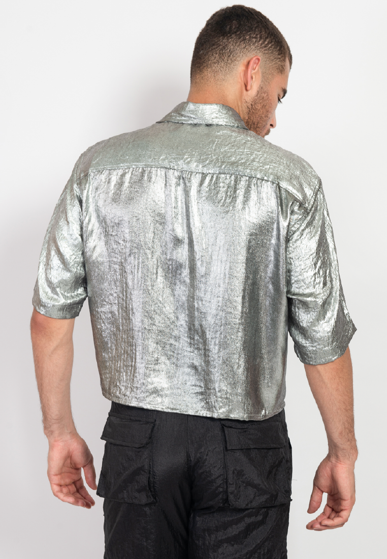 OCWA SANTIAGO OVERSIZED CROP SHORT SLEEVE SHIMMER SILVER SHIRT