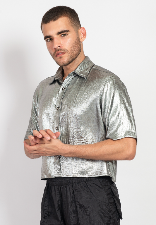 OCWA SANTIAGO OVERSIZED CROP SHORT SLEEVE SHIMMER SILVER SHIRT