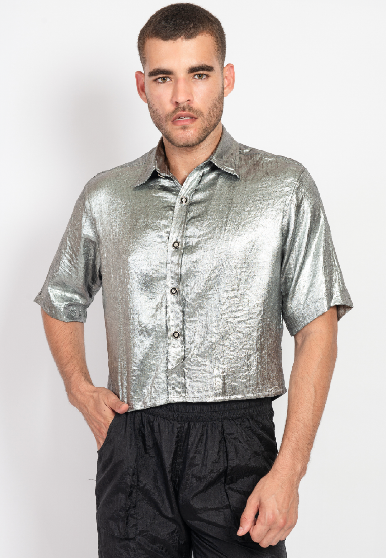 OCWA SANTIAGO OVERSIZED CROP SHORT SLEEVE SHIMMER SILVER SHIRT