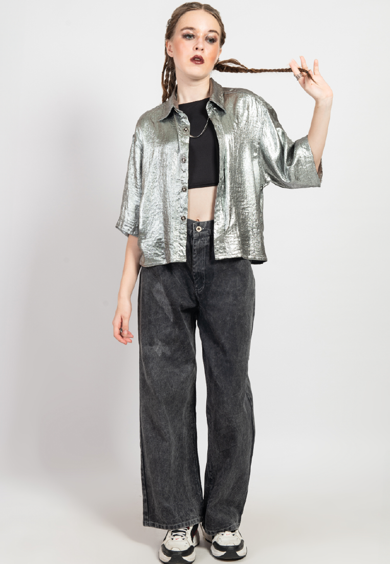 OCWA SANTIAGO OVERSIZED CROP SHORT SLEEVE SHIMMER SILVER SHIRT