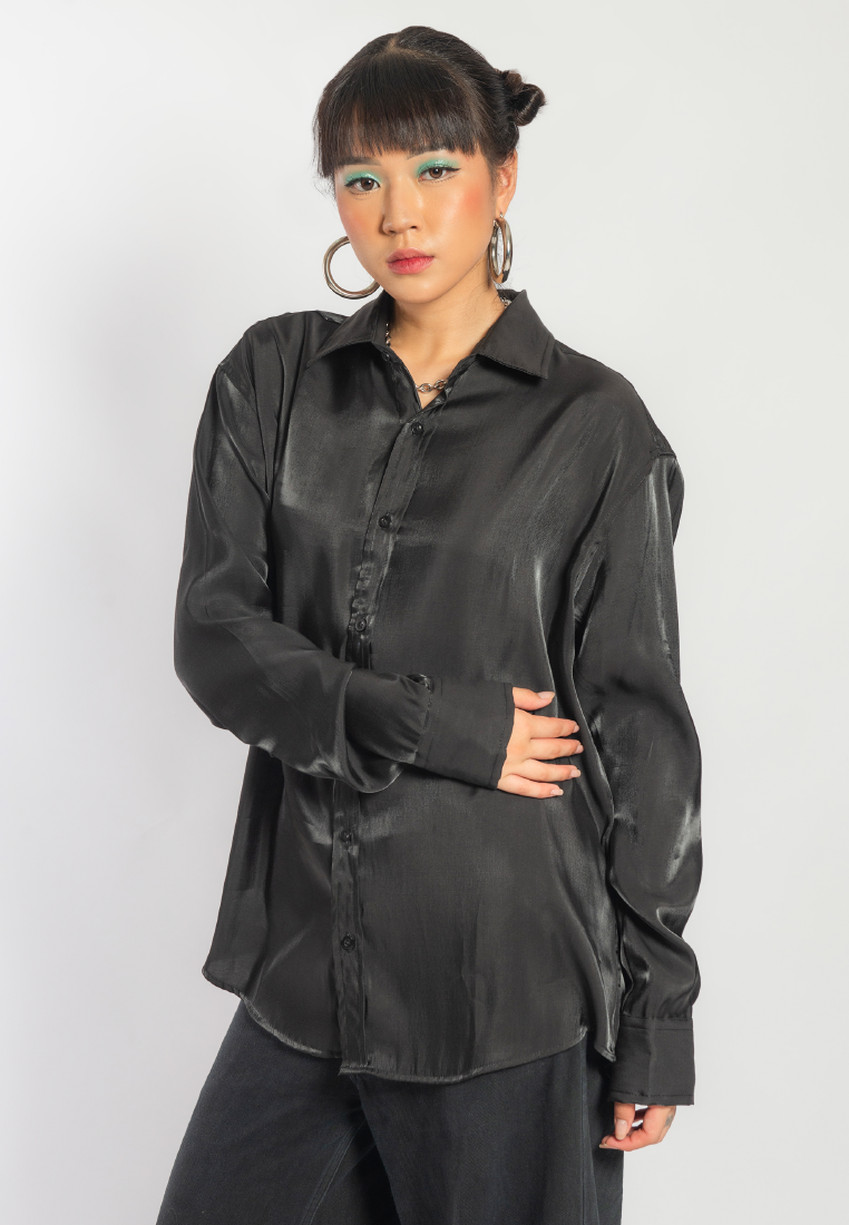 OCWA JUNE OVERSIZED SHINY DRESS SHIRT BLACK