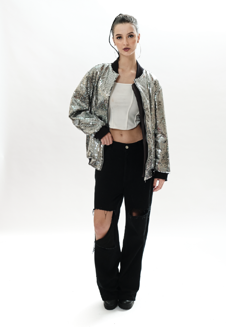 OCWA SEQUIN BOMBER JACKET SMITH BLACK SILVER