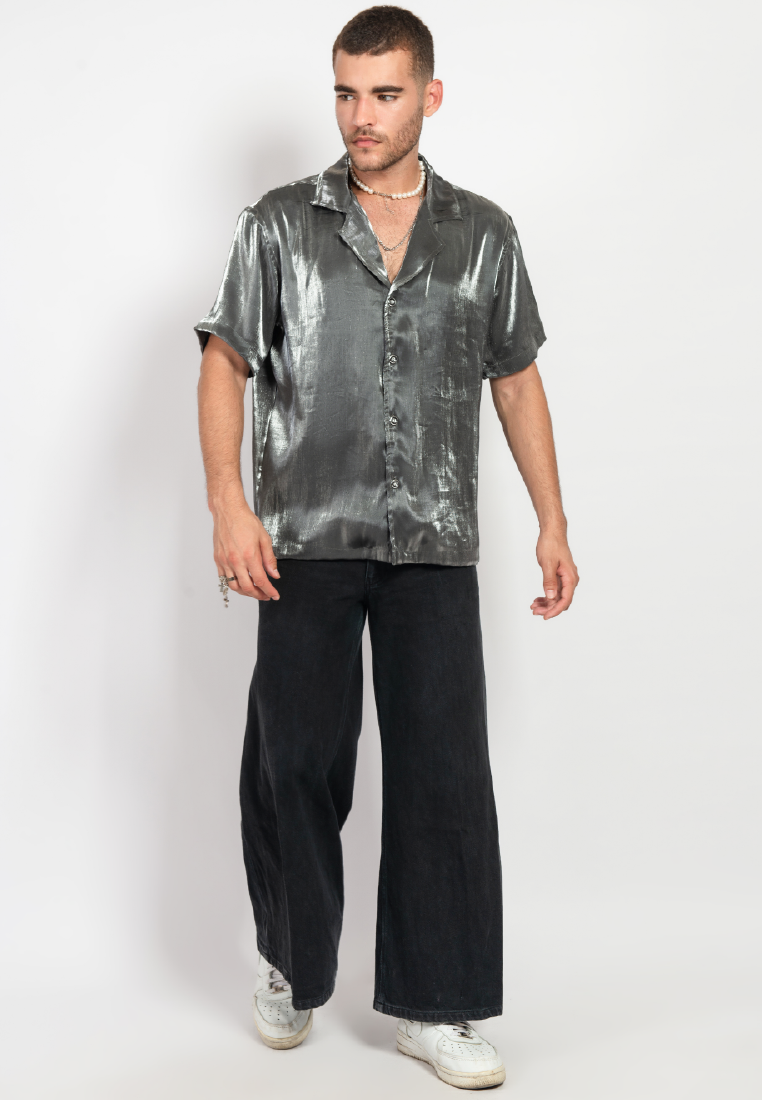 OCWA STEVEY SILVER BLACK SHINY GLAM SHORT SLEEVE SHIRT