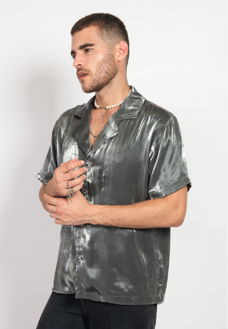 OCWA STEVEY SILVER BLACK SHINY GLAM SHORT SLEEVE SHIRT