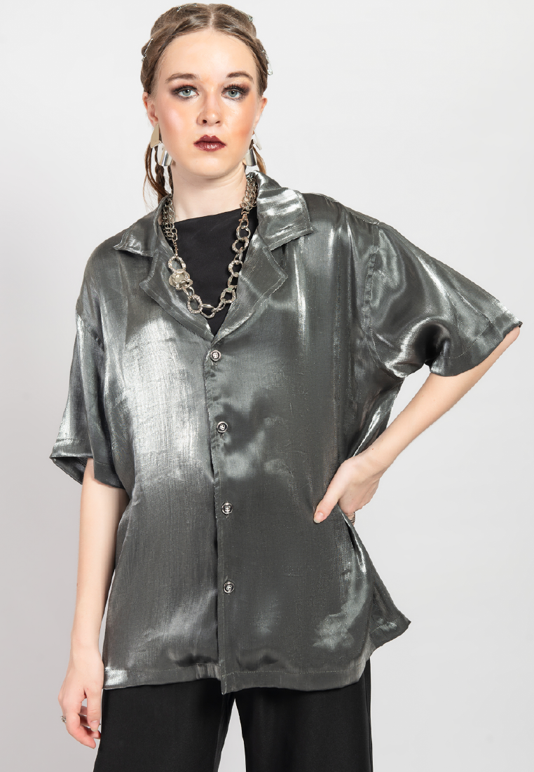 OCWA STEVEY SILVER BLACK SHINY GLAM SHORT SLEEVE SHIRT