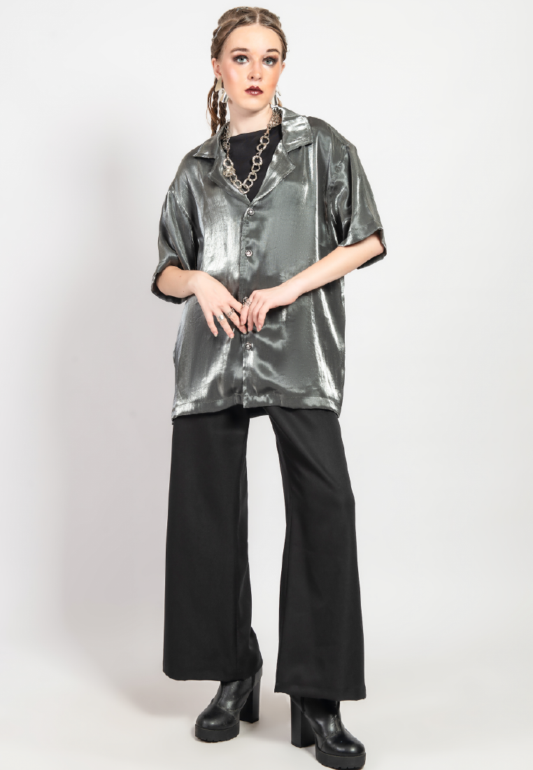 OCWA STEVEY SILVER BLACK SHINY GLAM SHORT SLEEVE SHIRT