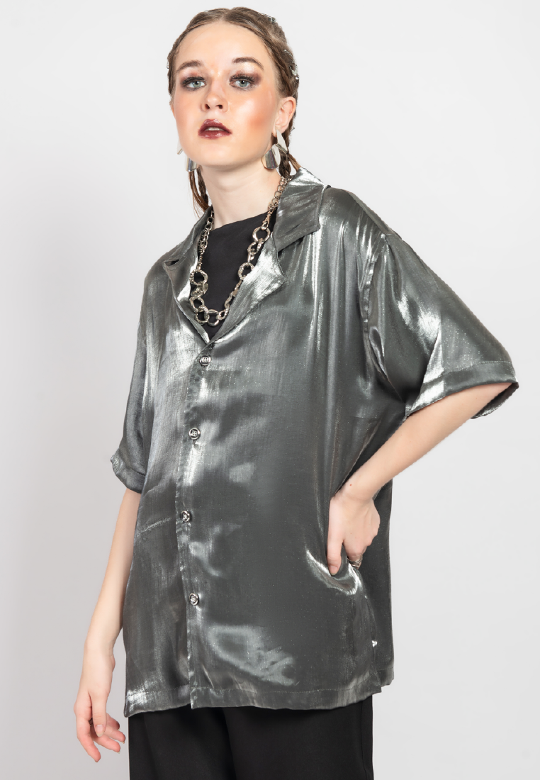 OCWA STEVEY SILVER BLACK SHINY GLAM SHORT SLEEVE SHIRT