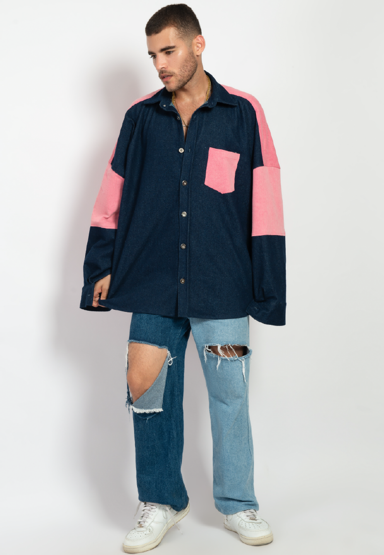 OCWA OVERSIZED TALLY PINK DARK BLUE DENIM SHIRT