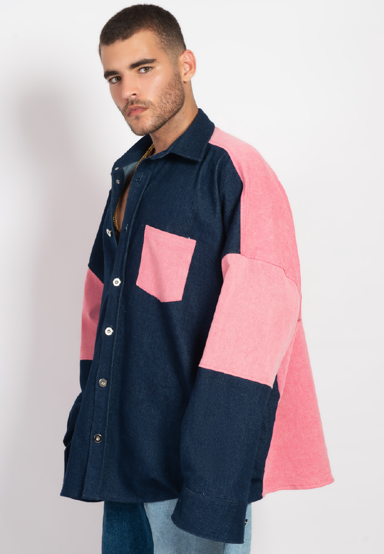 OCWA OVERSIZED TALLY PINK DARK BLUE DENIM SHIRT